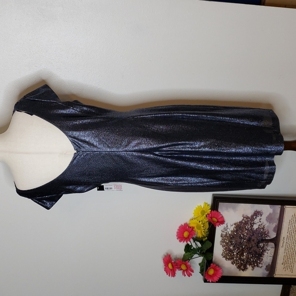 NEW Tahari ASL Navy Blue Metallic Sequin Ruch Cowl Neck Dress Elegant Castlecore - Picture 9 of 14